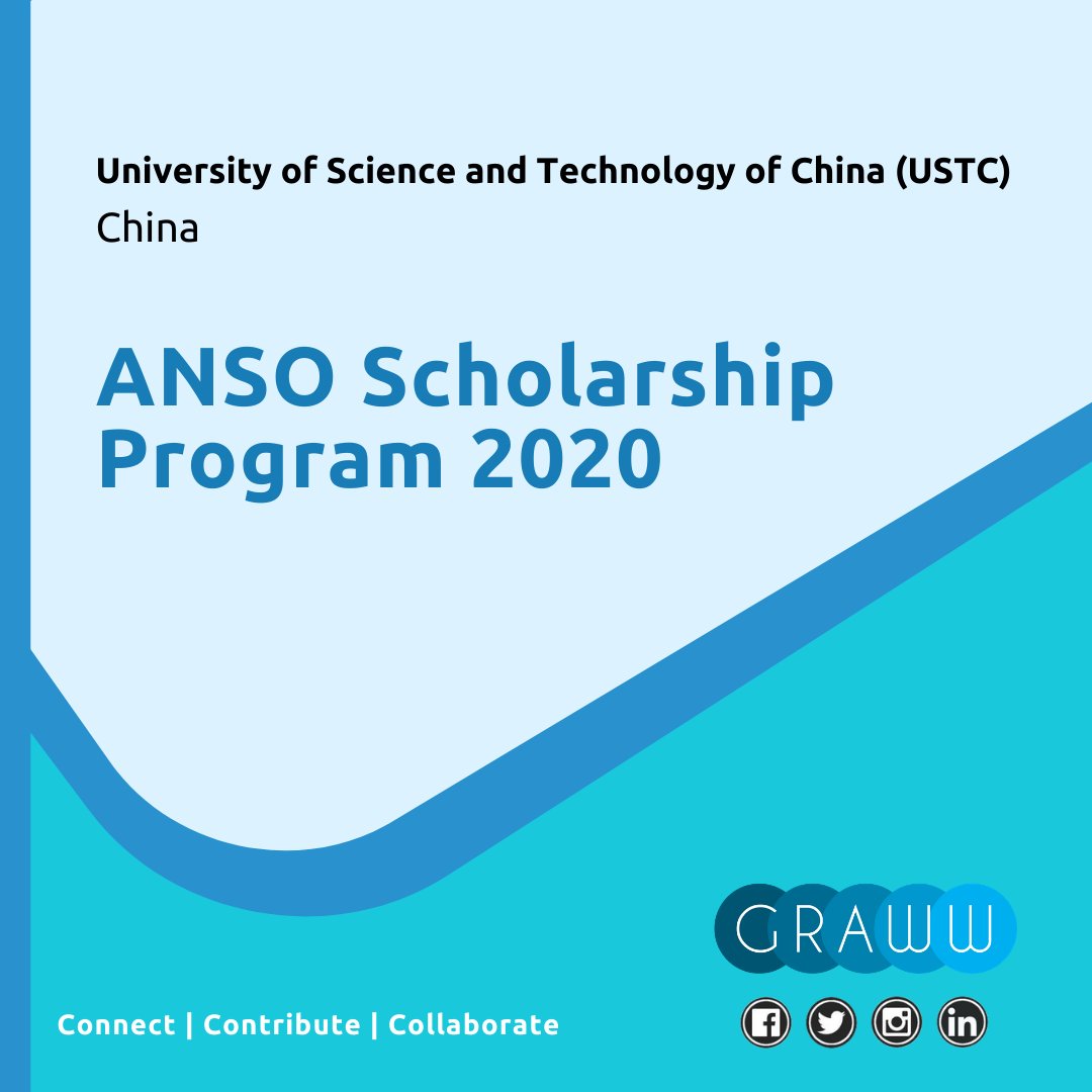 GrawwResearch's tweet photo. University of Science and Technology of China (USTC) invites application for ANSO Scholarship Program 2020 . 

Research/Job Area- All available research area
Last Date – 31 March 2020 
APPLY VIA: https://t.co/DH14cLUaYw 

#PhD #scholarship  #researchscholars #China #Graww https://t.co/nyUxi8M0RI