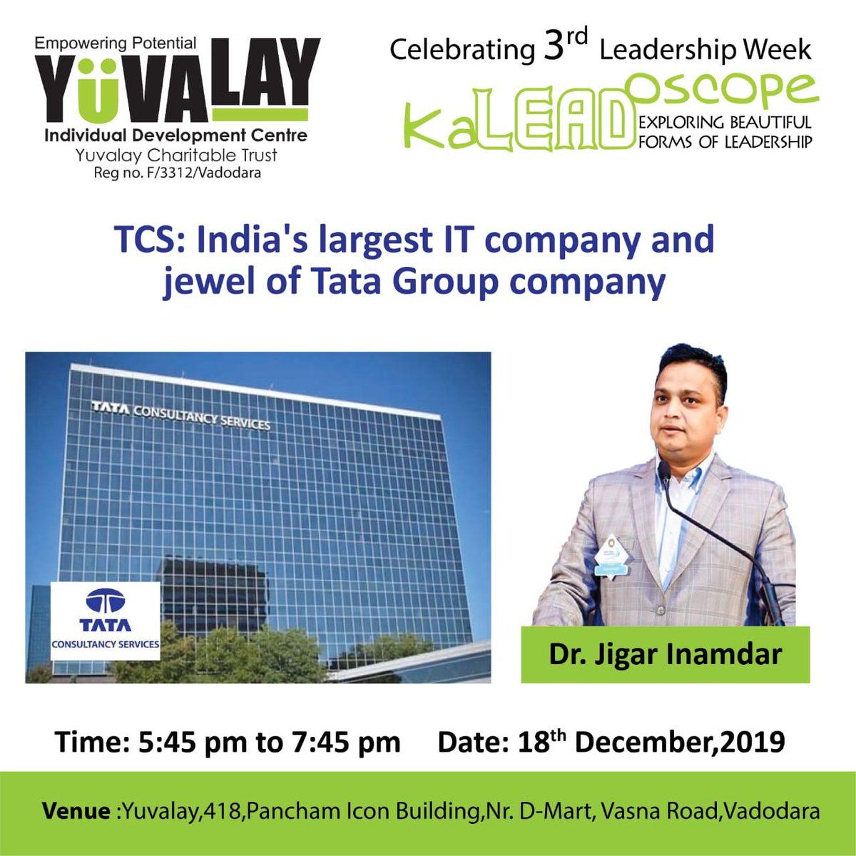 jigar_inamdar's tweet photo. I will be delivering a talk
at “Yuvalay”
@Yuvalay101
@YuvalayElab
Tomorrow
Wednesday evening on
@TCS @RNTata2000 @tatatrusts https://t.co/EWCnAB4UO2