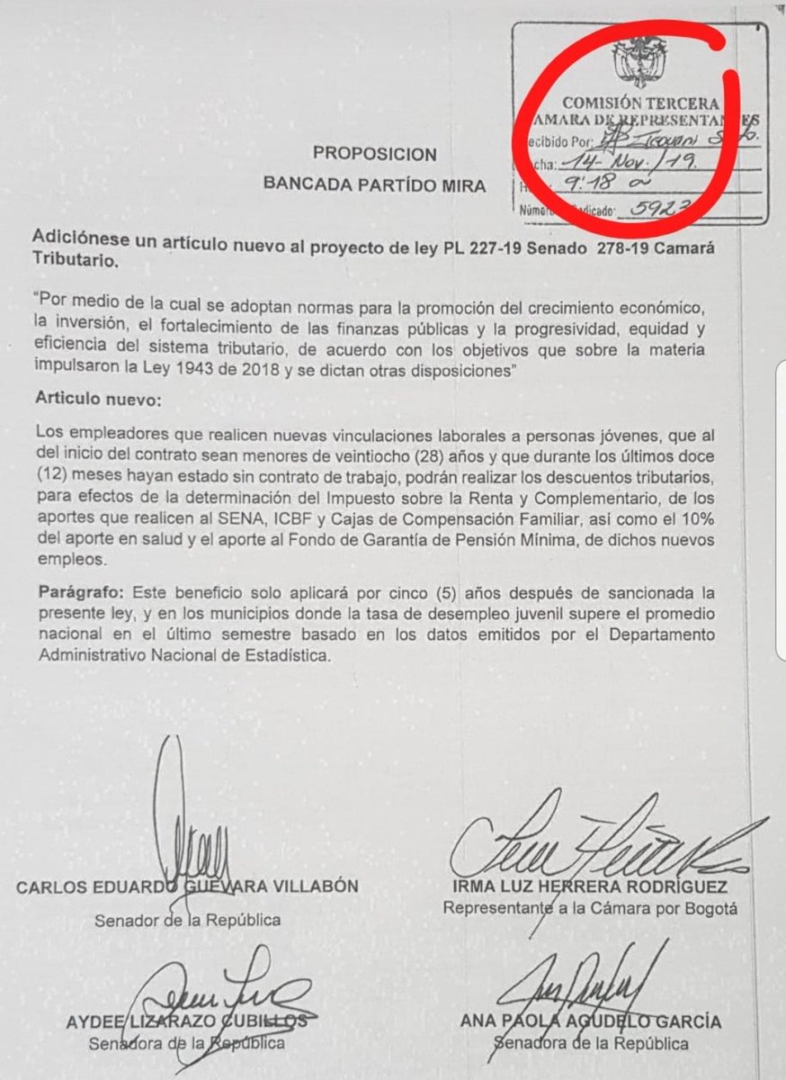 Ley de Crecimiento Económico: Aceptada propuesta #EmpleoJoven <a href="/PartidoMIRA/">Partido MIRA</a>

Empleador que contrate menores de 28 años, podrá descontar del impuesto de renta, aportes de ese empleo a Caja Compensación, Salud y otros

<a href="/carlos_guevara/">Carlos Edo Guevara</a> <a href="/irmalherrera/">Irma Luz Herrera Rodríguez🏛️🇨🇴</a> <a href="/aydeelizarazoc/">Aydeé Lizarazo Cubillos</a> @anapaolaagudelo