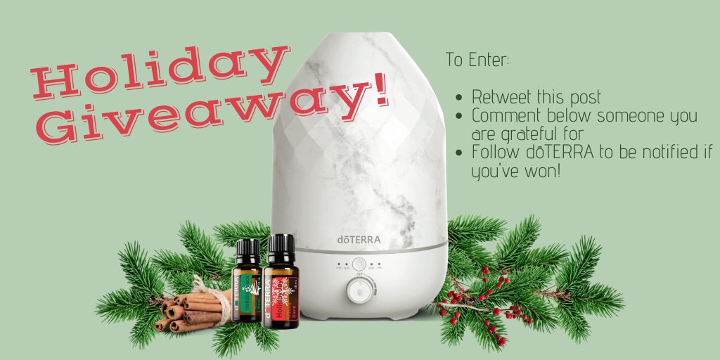 doterra's tweet image. GIVEAWAY ALERT!! You could be 1 of 2 winners of a holiday gift basket including a Volo™ diffuser, Holiday Peace®, AND Holiday Joy™! To enter Retweet this post and comment below someone you are grateful you have in your life. Be sure to follow so we can message the winners!