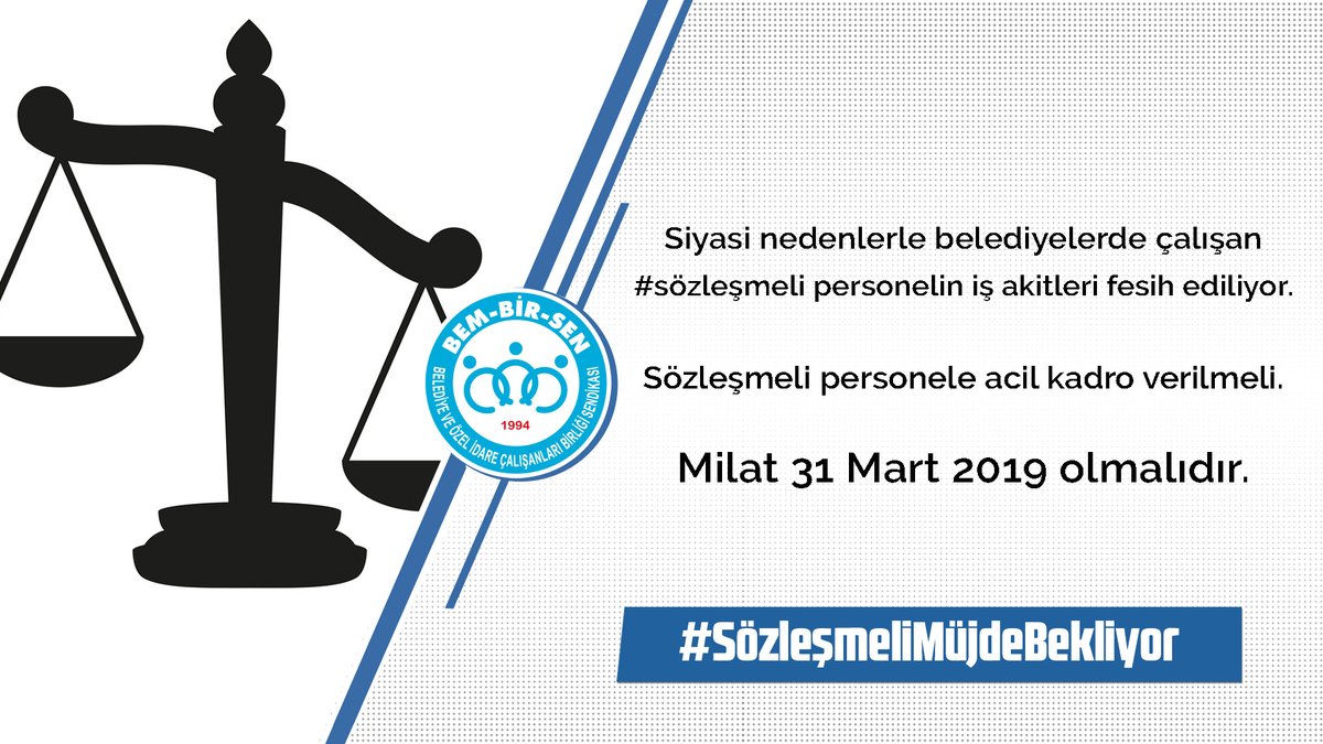 Bem_Bir_Sen's tweet photo. Siyasi nedenlerle belediyelerde çalışan #sözleşmeli personelin iş akitleri fesih ediliyor. 

Sözleşmeli personele acil kadro verilmeli. 

Milat 31 Mart 2019 olmalıdır. 

#SözleşmeliMüjdeBekliyor https://t.co/YKRWcYKQaC