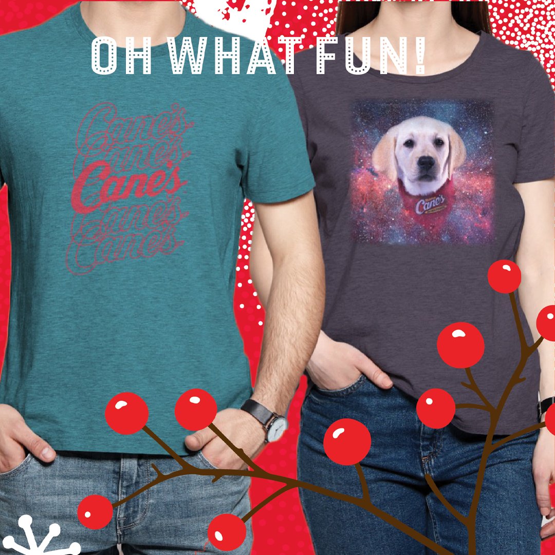raisingcanes's tweet photo. Nothing spreads Holiday cheer like a Cane's T-shirt. Follow @RaisingCanes on Instagram and comment on Instagram with your favorite Holiday get-up for a chance to win one of these styling Tees. Be sure and use #12DaysofRaisingCanes & #Sweepstakes to enter. https://t.co/WV5g1mDb8F