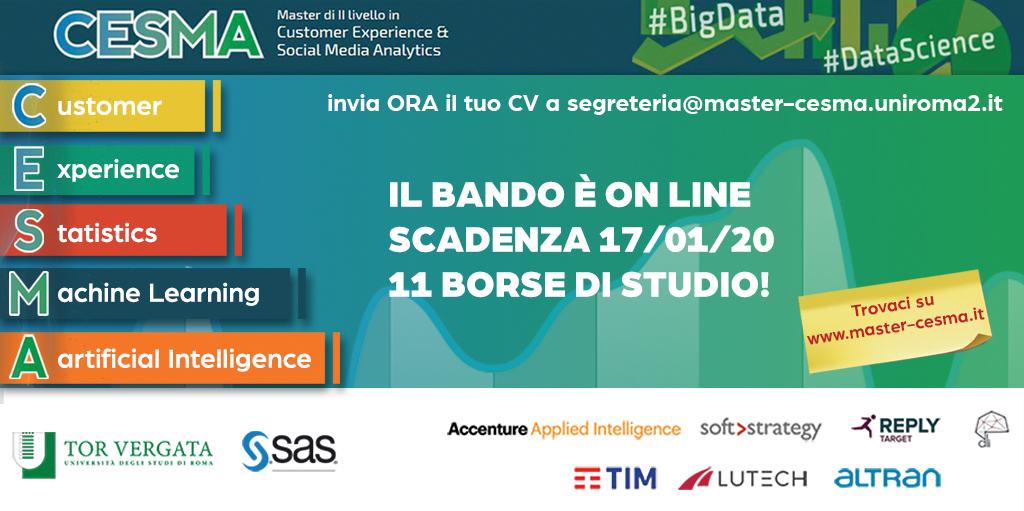 mastercesma's tweet photo. https://t.co/Mq7ny2eDMj
#economia #master #customerexperience #statistics #machinelearning #artificialintelligence #bigdata #datascience #sas #accenture #softstrategy #targetreply #altran #lutech #torvergatauniversity #torvergataeconomia #torvergataingegneria #torvergatascienze https://t.co/BjhAST31vF