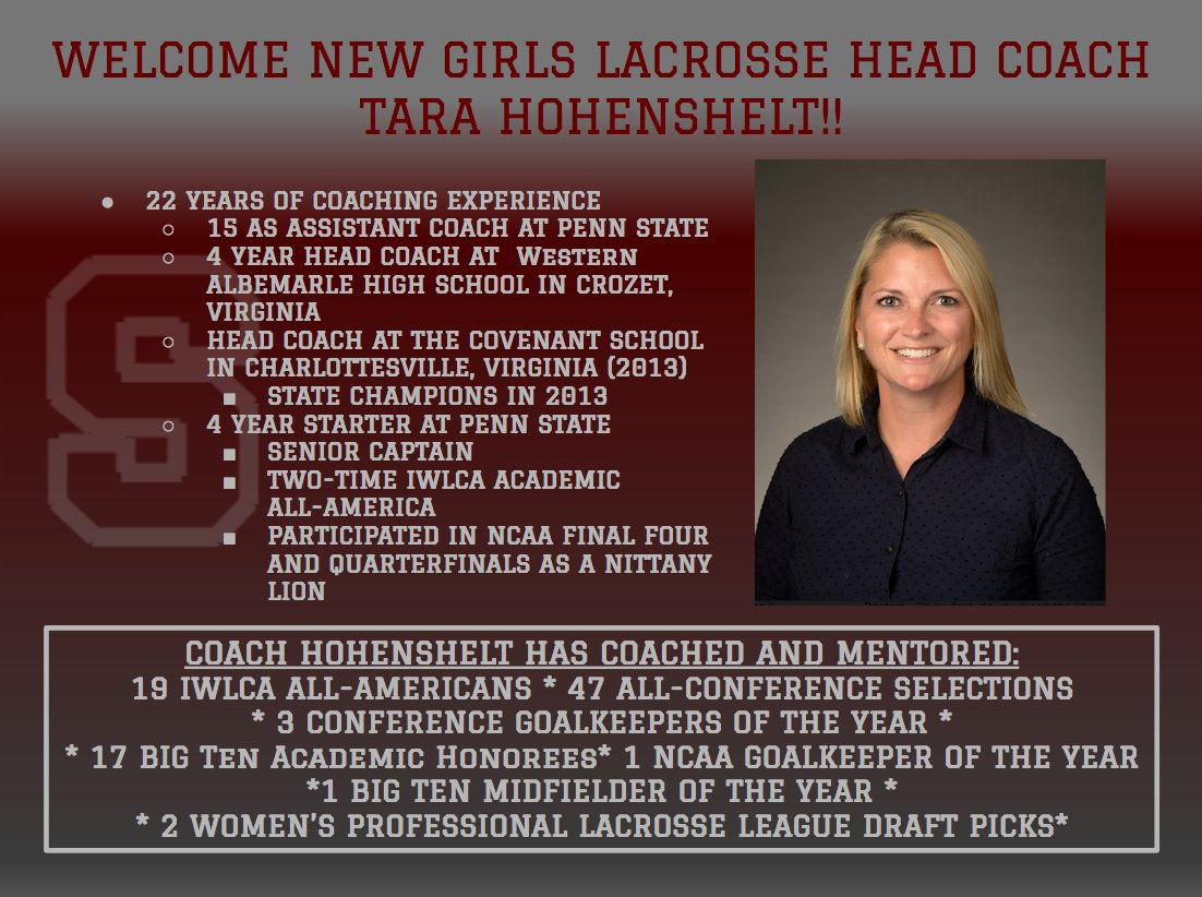 SC Athletics (@scasdathletics) on Twitter photo We are proud and excited to announce and welcome Tara Hohenshelt (<a href="/tarahohenshelt/">Tara Hohenshelt</a>) as our new Head Coach and leader of our Girls Lacrosse program! Welcome Coach Hohenshelt- <a href="/SC_GLAX/">SC Girls Lacrosse</a> can't wait to get to work with you!
🦁🥍 #BetterTogether We are proud and excited to announce and welcome Tara Hohenshelt (<a href="/tarahohenshelt/">Tara Hohenshelt</a>) as our new Head Coach and leader of our Girls Lacrosse program! Welcome Coach Hohenshelt- <a href="/SC_GLAX/">SC Girls Lacrosse</a> can't wait to get to work with you!
🦁🥍 #BetterTogether