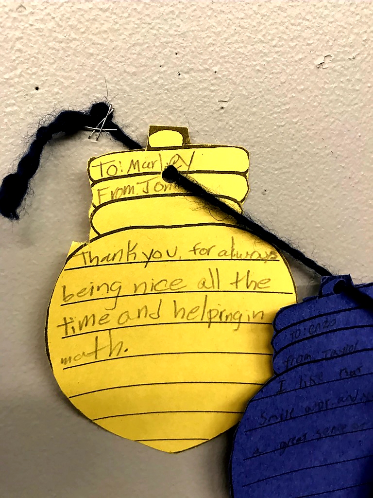 JeffcoELD's tweet photo. 4th grade is grateful for each other!  Each student wrote 
what they are grateful for about a member of their 4th grade family on an ornament.  #peckrams #jeffcoholidays @JeffcoSchoolsCo https://t.co/ZqiR2OIeWu