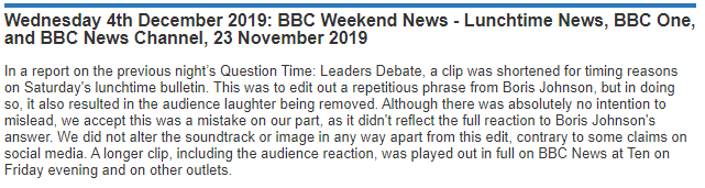 The audience laughing at Boris Johnson during the  @bbcquestiontime Leaders Debate about his response to a question about 'trust' was *accidentally* edited out.