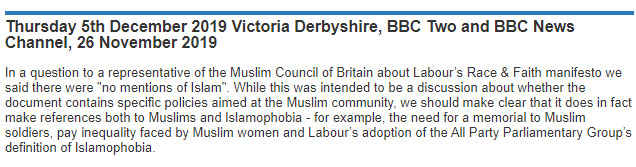 When criticising  @UKLabour's 'Race & Faith' manifesto, the  @BBC's Victoria Derbyshire *accidentally* said there was NO mention of Islam, when it made explicit mentions of both Muslims and Islamophobia.