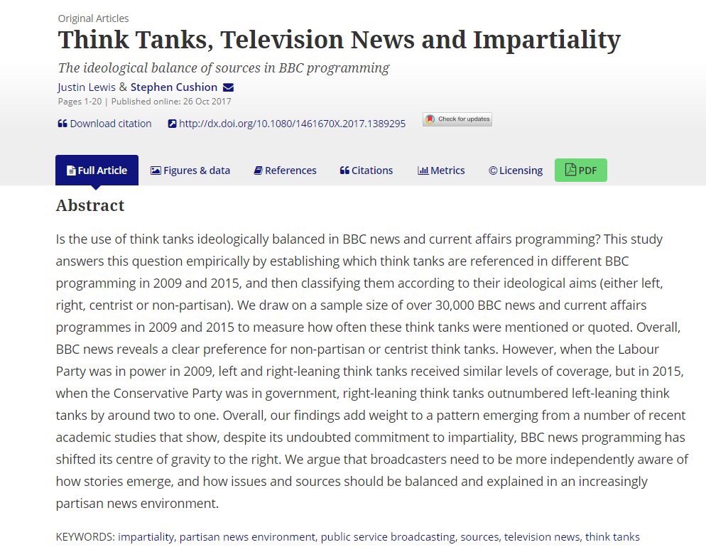 Here's a selection of other peer-reviewed articles addressing other aspects of the institutional & structural bias of  @BBCNews &  @BBCPolitics, including its worryingly disproportionate use of right wing newspapers & right wing think tanks who often refuse to reveal their funders.