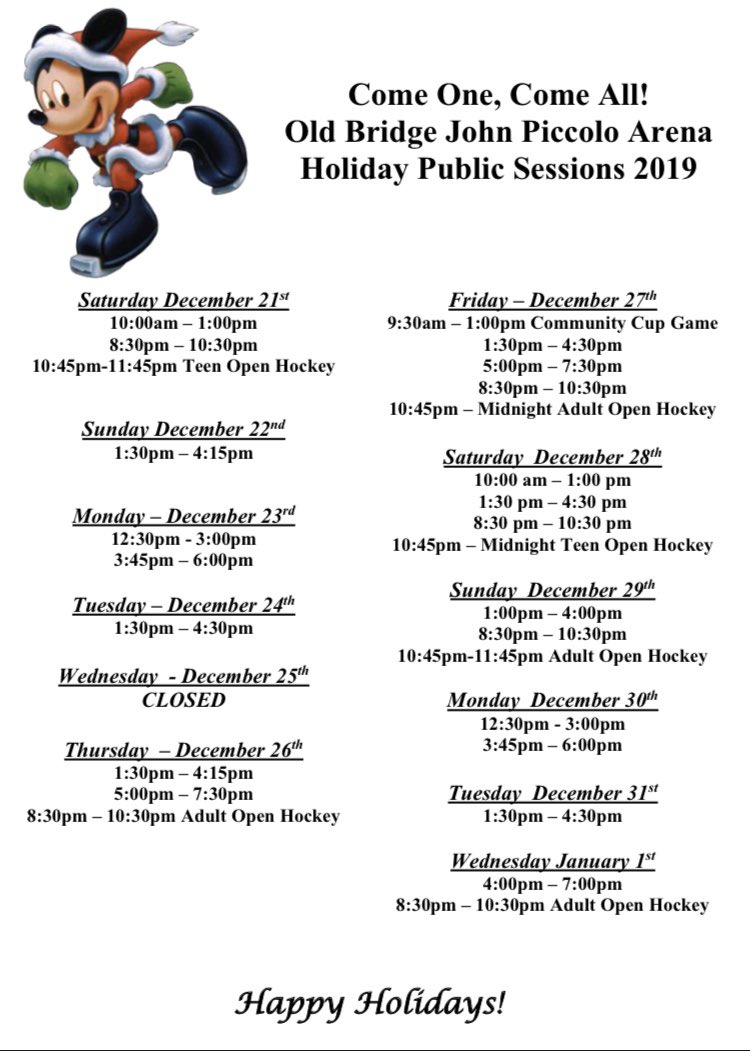 Who loves to skate? Who wants to learn how to skate? 
.
The old bridge arena holiday public skate and open hockey session days and times are posted below. (No, Mickey Mouse will not be there 🤷🏻‍♂️)
.
#iceskating #hockey #oldbridge #Happyholidays