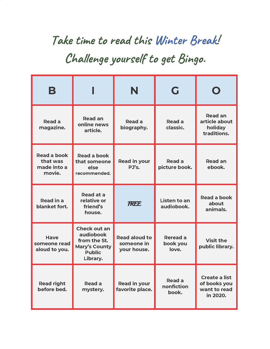 Winter Break is approaching. Take some time to read. Use this BINGO challenge to get started!