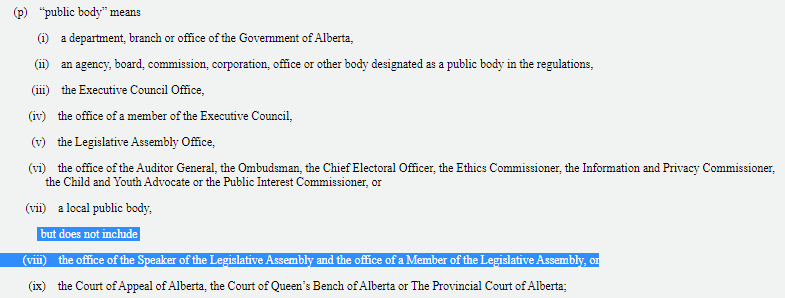 These agencies are almost always are brought under FOIP as well, meaning anybody can access nearly any of their records. The FOIP Reg has an involved schedule that lists all the public bodies subject to FOIP, sorted by responsible Minister.  #ableg