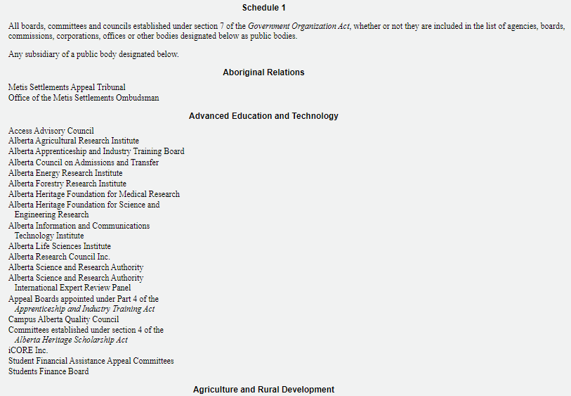 These agencies are almost always are brought under FOIP as well, meaning anybody can access nearly any of their records. The FOIP Reg has an involved schedule that lists all the public bodies subject to FOIP, sorted by responsible Minister.  #ableg