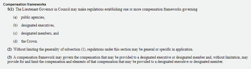 being a public agency for the purpose of APAGA also invokes requirements under the Reform of Agencies Boards and Commissions Compensation Act, which set salary and benefit rules for agencies and their execs. Even high rollers are not immune, as you can see  #ableg