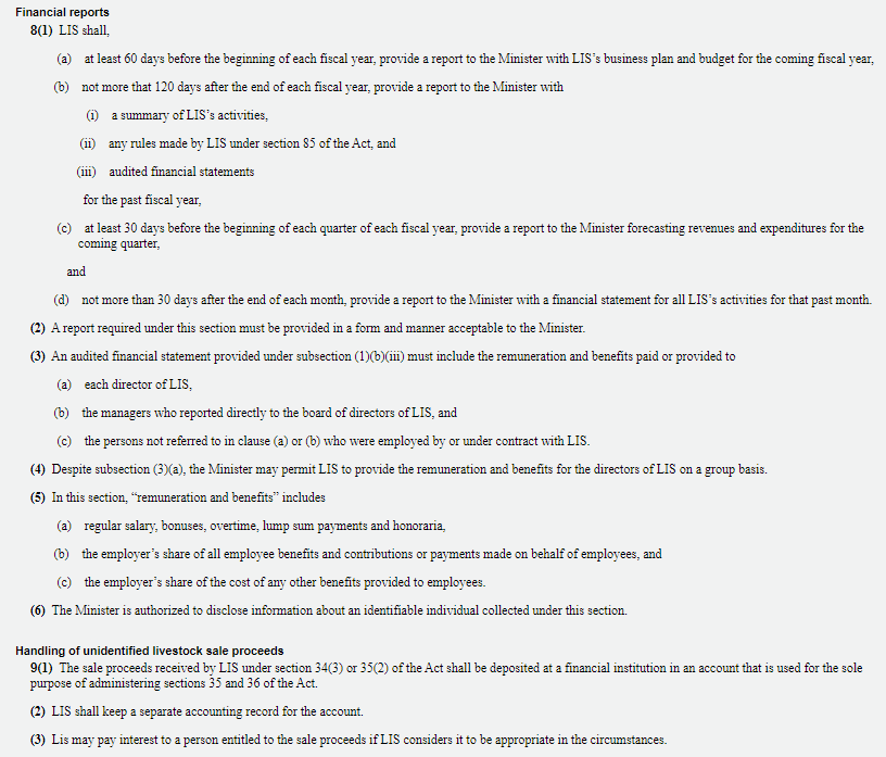 Take Livestock Identification Services, which delivers the gov't's livestock tracability services, which doesn't usually receive gov't money but has robust reporting requirements just because the gov't *gives it power to make money*.  #ableg