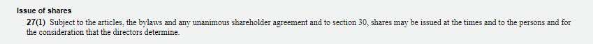 Under the ABBCA, the Directors have the power to issue shares, subject to any restrictions to Corporation has placed on itself. The CEC has created 2 classes of shares, and it may issue an unlimited number. That's... totally improper, and highly unorthodox  #ableg