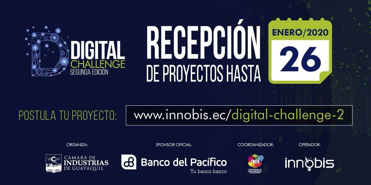 prendho's tweet photo. ¡Postula tu emprendimiento!
Postula hasta el 26/enero #DigitalChallengeEc ✈️
Más información en ➡️ https://t.co/CyeAVQxCK7
Sponsor Oficial: @BancoPacificoEC
Organiza: @Industriasgye
Co-organiza: @aei_ec
#Ecuador #Industrias #CIG https://t.co/MOVPFYKKh4