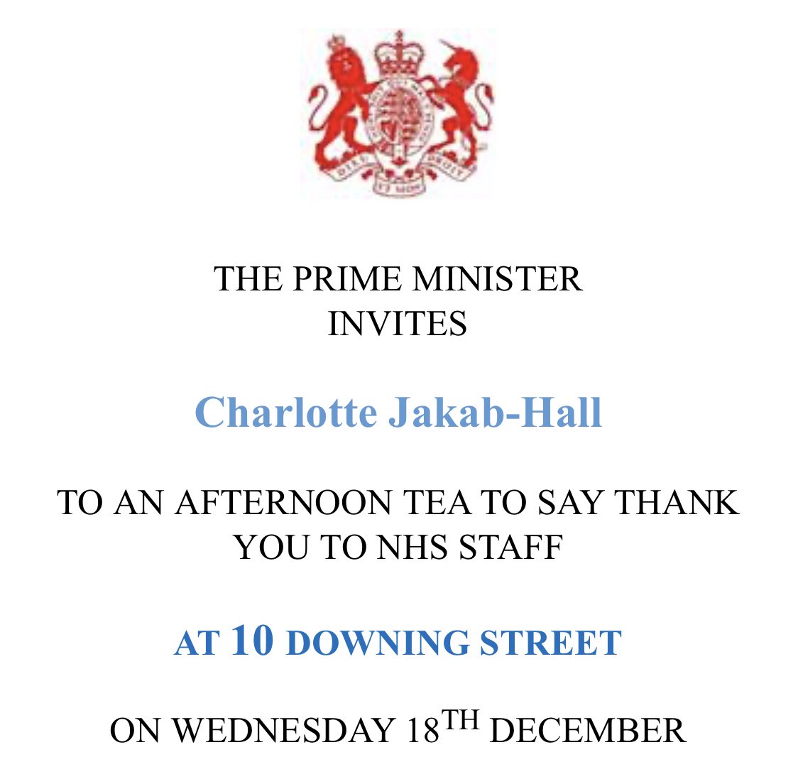 Dear <a href="/10DowningStreet/">UK Prime Minister</a> 

Thank you for your invite to afternoon tea with <a href="/BorisJohnson/">Boris Johnson</a>,  however I must decline. You see less than 24* notice to swap my 14hr shift tomorrow is rather unlikely, much like us filling the 40,000 nurse shortage anytime soon. 

Regards,

An NHS Nurse