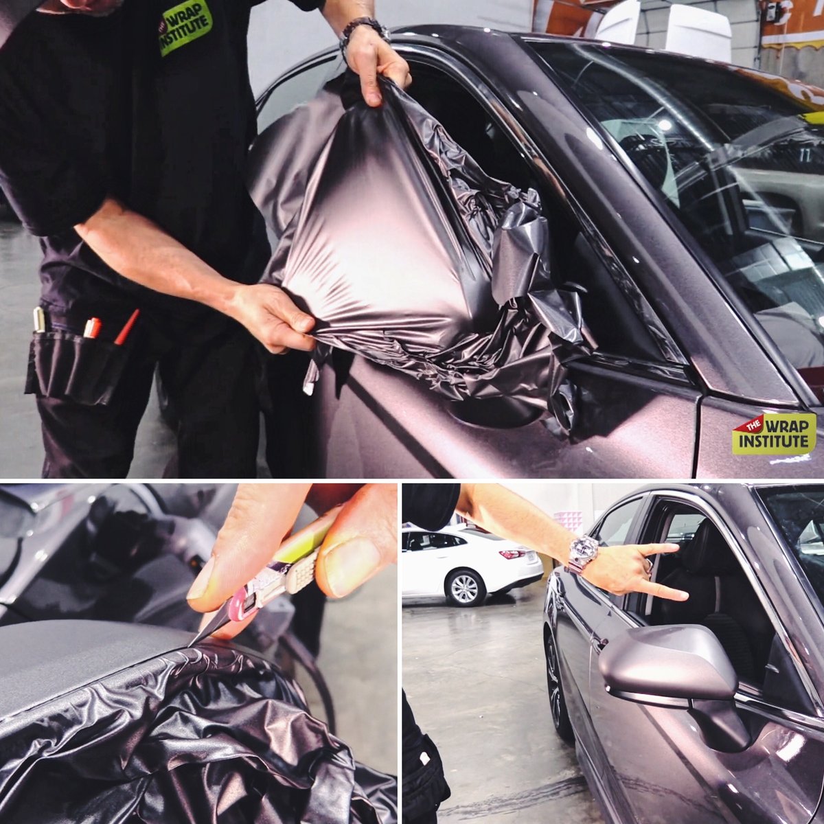 WrapInstitute's tweet photo. #REALTIME 1-piece mirror wrap! 👀 Watch how Justin wraps this tricky mirror with compound curves and tight gaps [workflow + paying attention to tension + how to avoid overstretching]. 👉🏼👉🏼 https://t.co/a4vOxxK3aO OR click our link in bio! 🔗
.
.
.
#prestretch #brushed #mirrorwrap https://t.co/pBp8MpLDl5