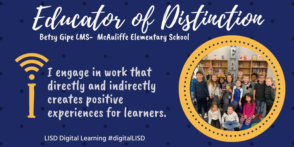 CFieldsITF's tweet photo. Congratulations @betsygipe @McAHighlander who was awarded Educator of Distinction in Digital Learning! Your technology integration creates positive experiences for learners. Thanks for being a technology leader! #DigitalLISD #McaMuseum #BotJoy https://t.co/VhITSxet0d