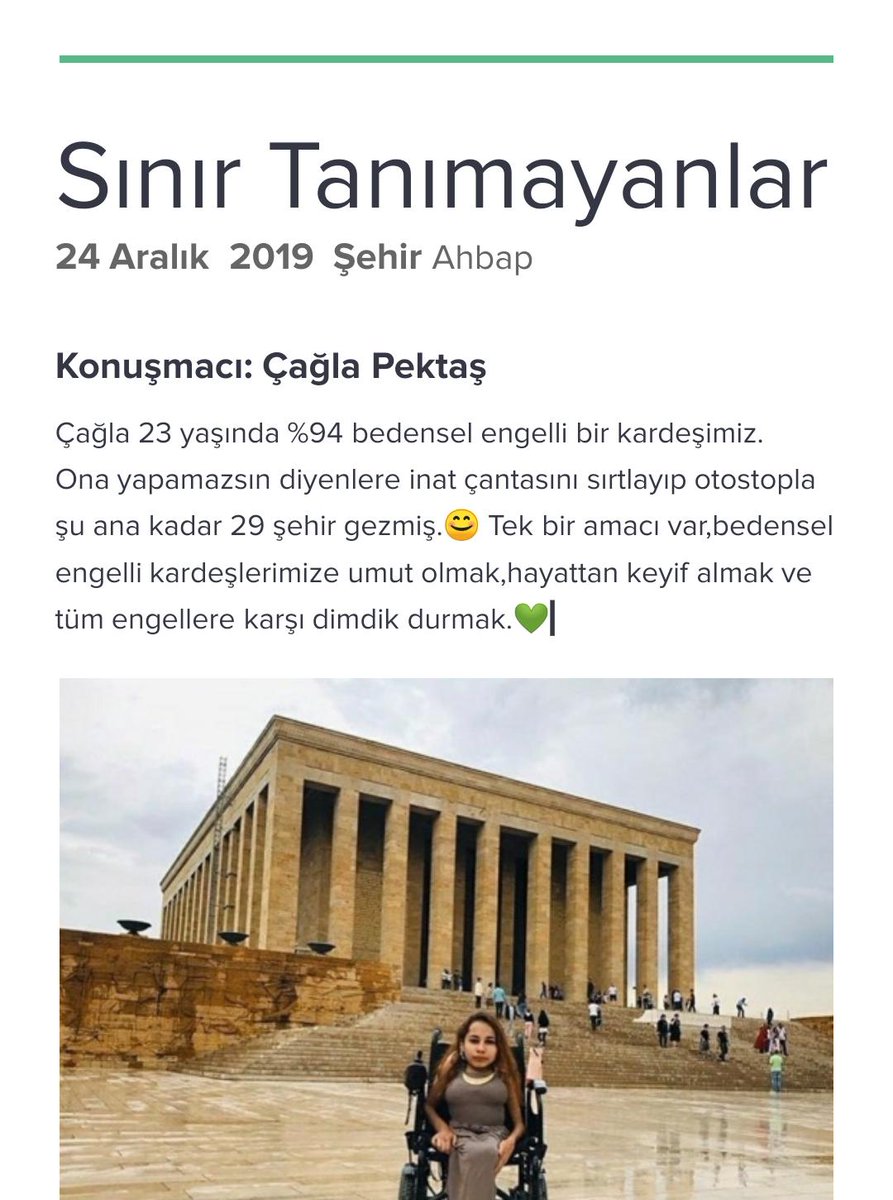 ahbap_isu's tweet photo. Çağla 23 yaşında %94 bedensel engelli bir kardeşimiz. Ona yapamazsın diyenlere inat çantasını sırtlayıp otostopla şu ana kadar 29 şehir gezmiş.😊 Bedensel engelli kardeşlerimize umut olmak,hayattan keyif almak ve engellere karşı dimdik durmak. 💚 @haluklevent https://t.co/6o1AsOV6sd