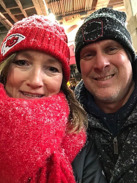 DJsDugout's tweet photo. Sunday NFL Ticket contest winners from DJ's Dugout in Bellevue, Kim &amp; Kevin, had a great time at the Chiefs vs Broncos game this last weekend! Looks like they weathered the elements &amp; saw a big Chiefs win! Congratulations! 🏈 https://t.co/qYWCL1uEIp