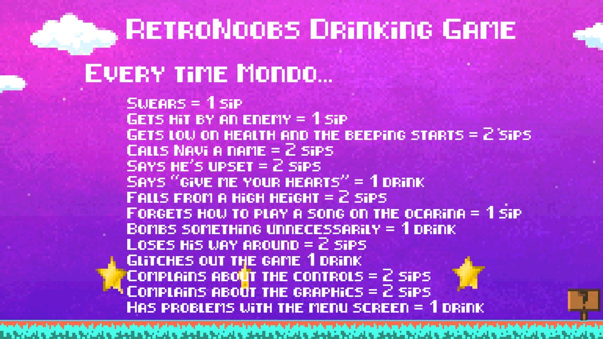 RetroNoobsTV's tweet image. Thursday is our last episode of season 1 and then the #OcarinaofTime series will be over. If you're still getting caught up or want to re-watch any of it, we made a drinking game to enhance the experience! Enjoy it over the holidays!
#videogames #retrogames #zelda #drinkinggame