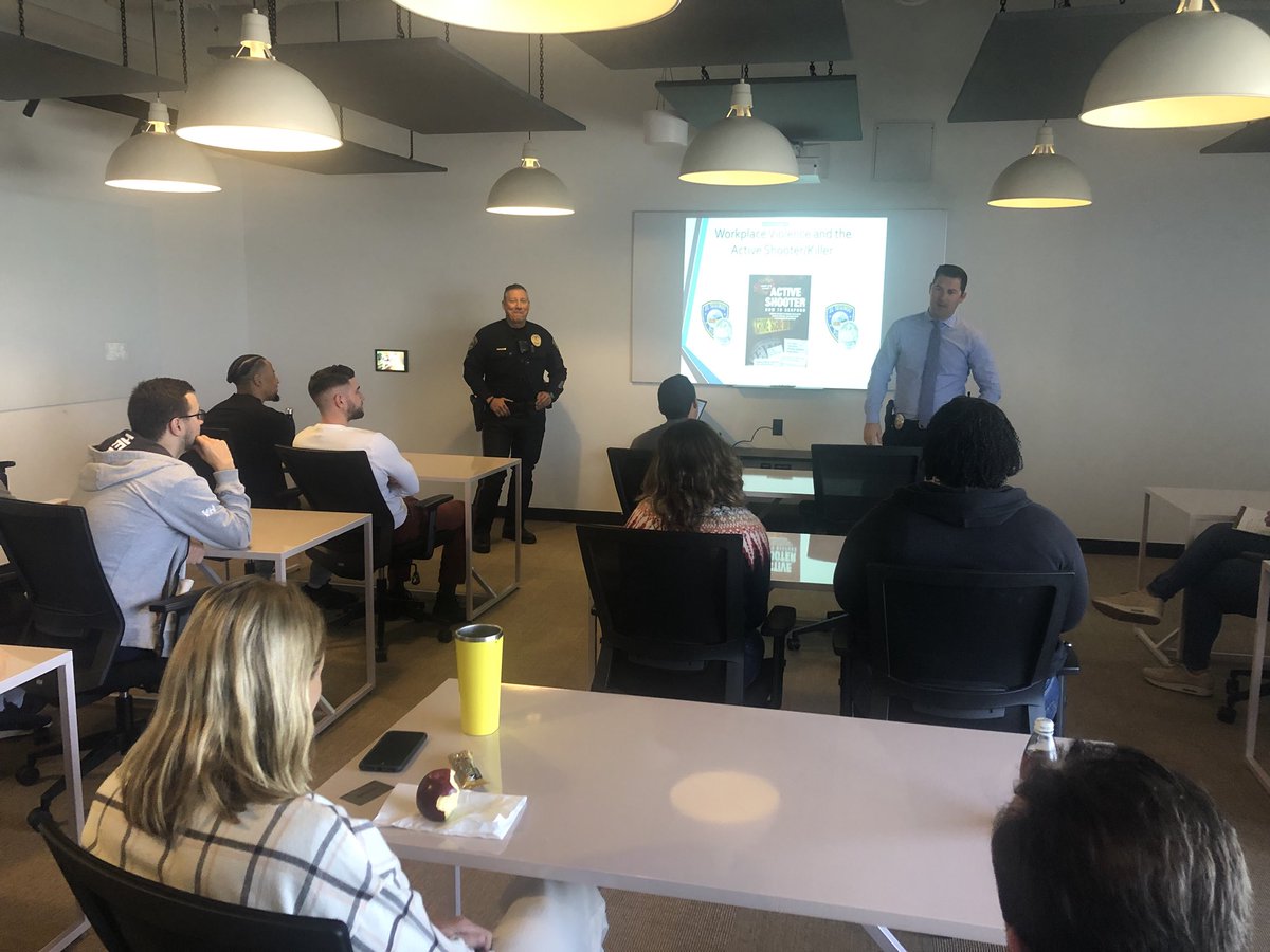 elsegundopd's tweet photo. Officer Armando Rodriguez and Detective Jeff Darringer presenting active shooter awareness/response training to employees at a local company.
#runhidefight #elsegundopd #gundostrong https://t.co/W1Oq6Yj5G6