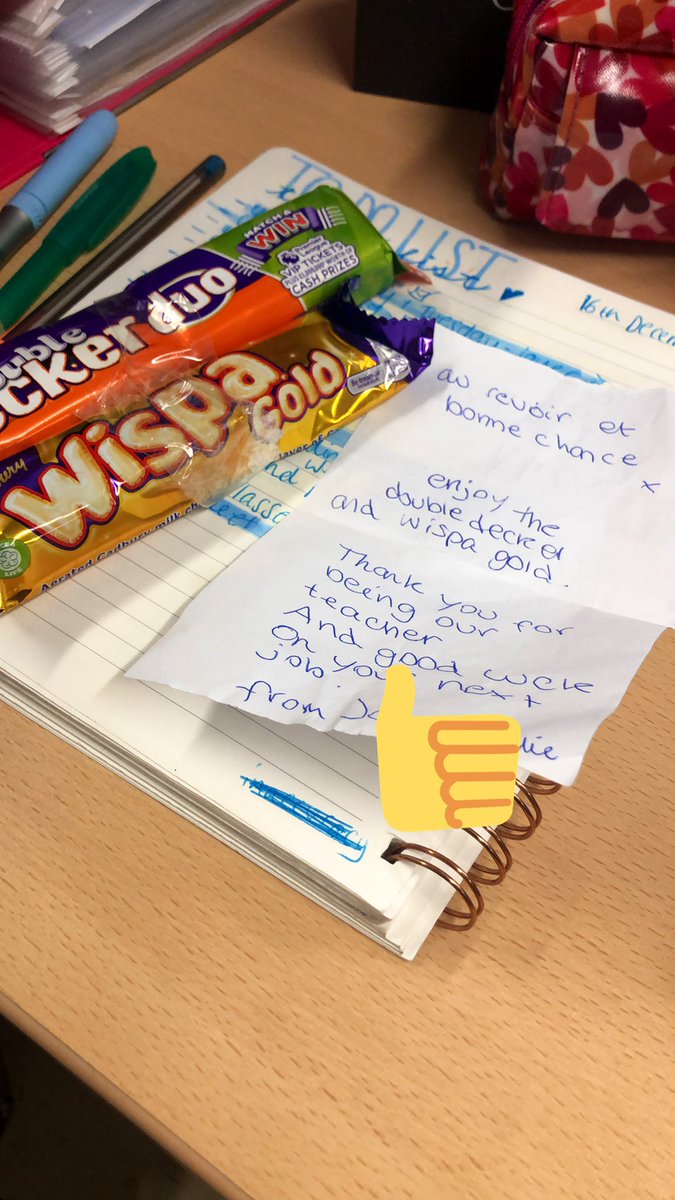 Two pupils in my year 9 kept asking me what my favourite chocolate was....now I know why. 💕 Can’t believe my first placement is over tomorrow. I have learnt so much. #mfltwitterati #pgce #teachertrainee