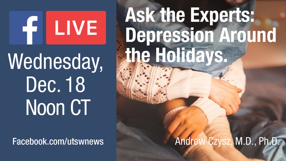 UTSWMedCenter's tweet image. Take 20 mins and join us at noon CT tomorrow for a live chat on holiday #depression with psychiatrist Andrew Czysz, M.D., Ph.D., from the @UTSW_CDRC.  More info: bit.ly/38wZFgV #utswbrain