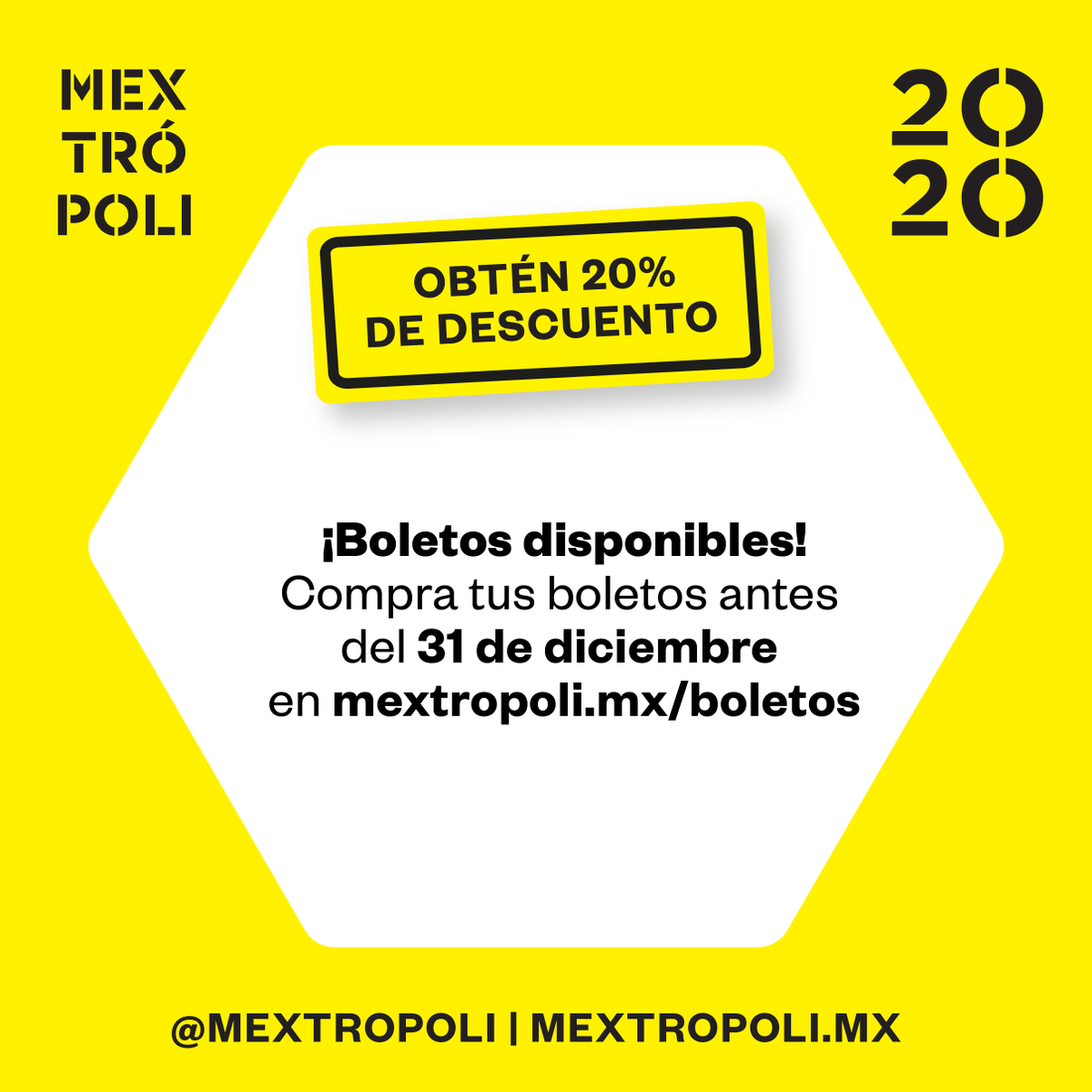 mextropoli's tweet photo. Compra tu boleto a #Mextrópoli2020 con un 20% de descuento antes del 31 de diciembre de 2019.
Para más información visita https://t.co/aWLdn9k16O https://t.co/gUmj73lMIA