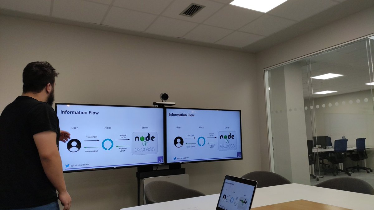 PucelaJS's tweet photo. ¡Empezamos! @Fuckinkiddinme nos cuenta cómo funcionan las Skills de Alexa #pucelajs https://t.co/jGNhg02195