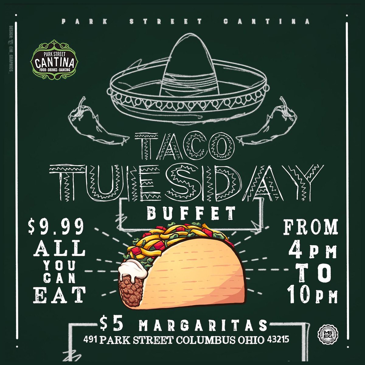 Join us for Taco Tuesday 🌮 All you can eat tacos for just $9.99 &amp; $5 Margaritas. Don’t miss out!