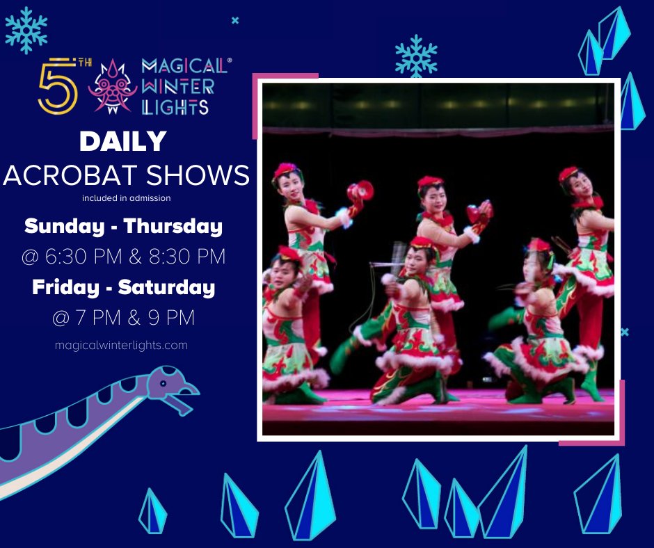 MWLHouston's tweet photo. Every night TWICE a night you can watch a riveting show performed by award winning acrobats!

Showtimes:
Sunday through Thursday @ 6:30 PM &amp; 8:30 PM
Friday and Saturday @ 7 PM &amp; 9 PM

Buy tickets: https://t.co/uR5dT623K9

#magicalwinterlights https://t.co/HUflM3XkEj