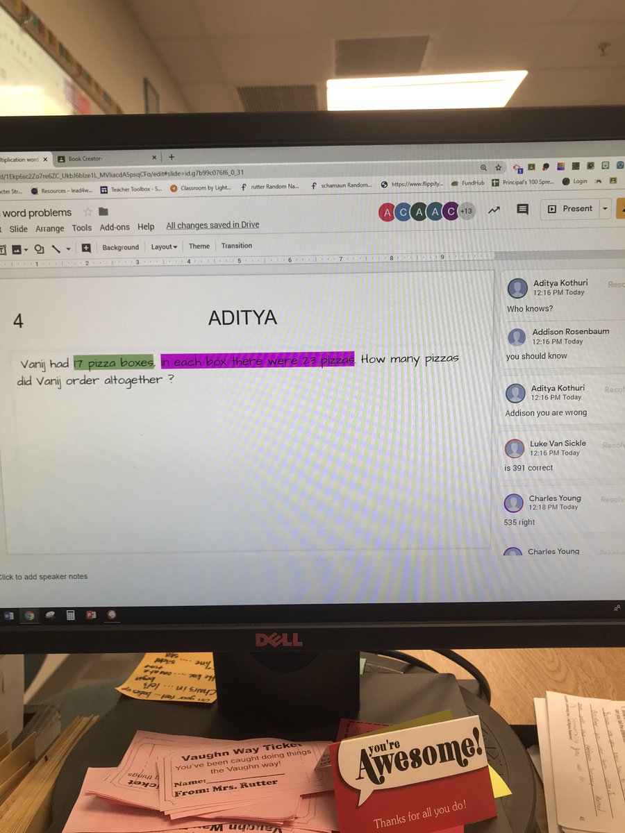 melanie_rutter's tweet photo. SAMR augmentation- students created multiplication problems on Slides and then solved each other’s problem by leaving comments. They used the highlighter feature for the parts of the problem. @VaughnElemFISD #vaughnbingo https://t.co/AkgNtU9FxA