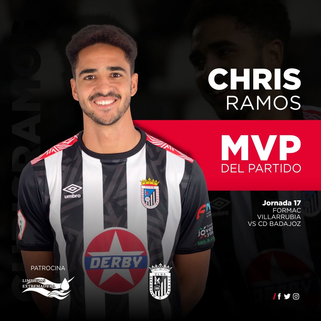 CDBadajoz's tweet photo. 🏆 MVP | Ya conocemos al #MVP del partido frente al Villarrubia.⠀
⠀
El autor del segundo gol del encuentro y por primera vez mejor jugador del partido 💪🏻
⠀⠀⠀⠀⠀⠀⠀⠀⠀⠀
¡@Chris_Ramos11 , enhorabuena! 👏🏻⠀⠀⠀⠀⠀
⠀⠀⠀⠀⠀
Premio patrocinado por #LimpiezasExtremadura https://t.co/IaIwycb3Do