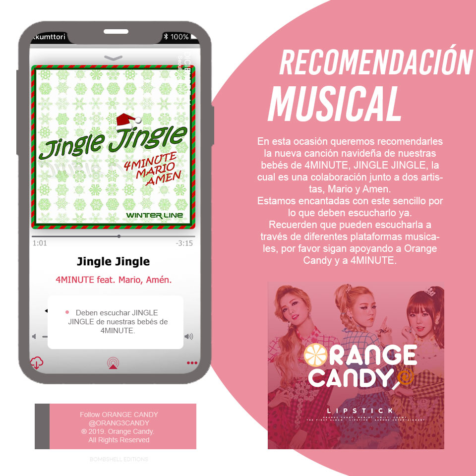 ORANG3CANDY's tweet photo. 𝗢𝗥𝗔𝗡𝗚𝗘 𝗖𝗔𝗡𝗗𝗬 🍭! Iᥒstᥲgrᥲm Uρdᥲtᥱ 

    🍭 171219 | #4MASJINGLE 

Hoy venimos con una nueva recomendación musical, en esta ocasión es Jingle Jingle de @4minutetwt, una canción perfecta para esta temporada. https://t.co/WslWuVKflP