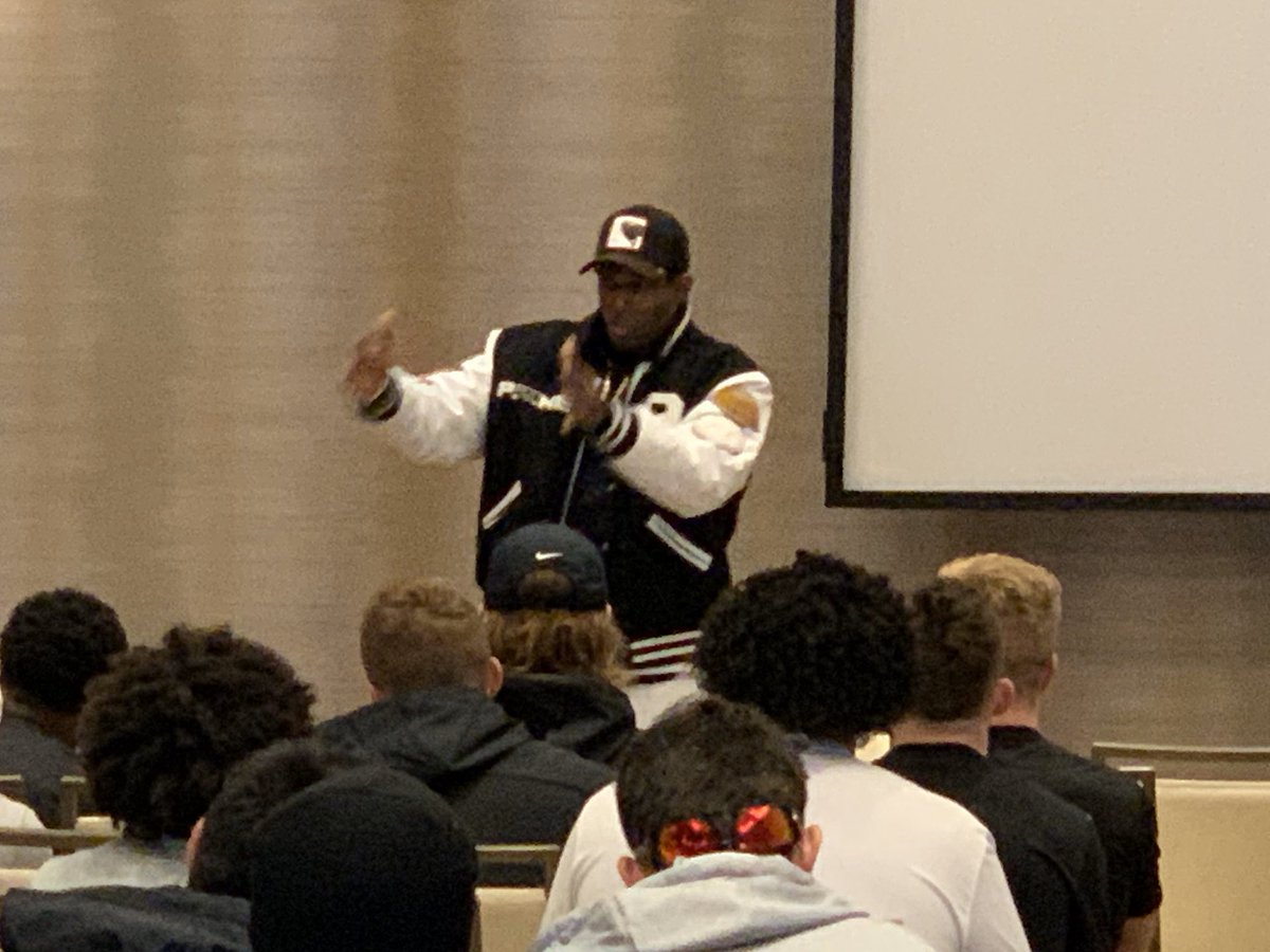 JerryBovee's tweet photo. Great opportunity for our guys to hear from one of the greatest of all time. I’m learning things today about Deion Sanders that I never knew. @DeionSanders is impressive! The advice and example of work ethic and focus is off the charts. #AggiesAllTheWay https://t.co/el9Tks2QG3
