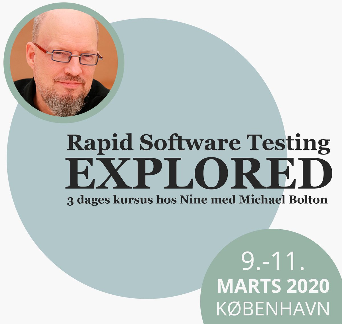 Bug_ti_test's tweet photo. It's time to go public with the good news: @michaelbolton is coming to Denmark, to teach the Rapid Software Testing Explored class in March 2020 - and Nine A/S is hosting the public course. Curious? Read more here: https://t.co/aWU370hVUr
And SAVE THE DATE(S), 9th-11th of March! https://t.co/NJVRhnVzqK