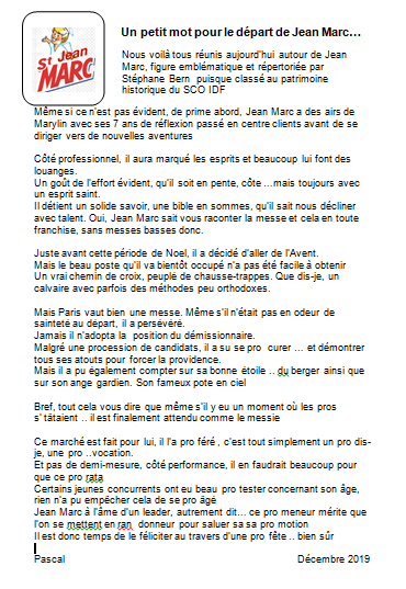 PmMonnier's tweet photo. Pot de départ au #SCOIDF
#BrunoCazali. Comme dans le vocabulaire des couturiers, comme patron, tu resteras un modèle 😊
#JMSaladian. Il a pu compter sur son ange gardien, son fameux pote en ciel 😊 https://t.co/qP1hfTNpT3