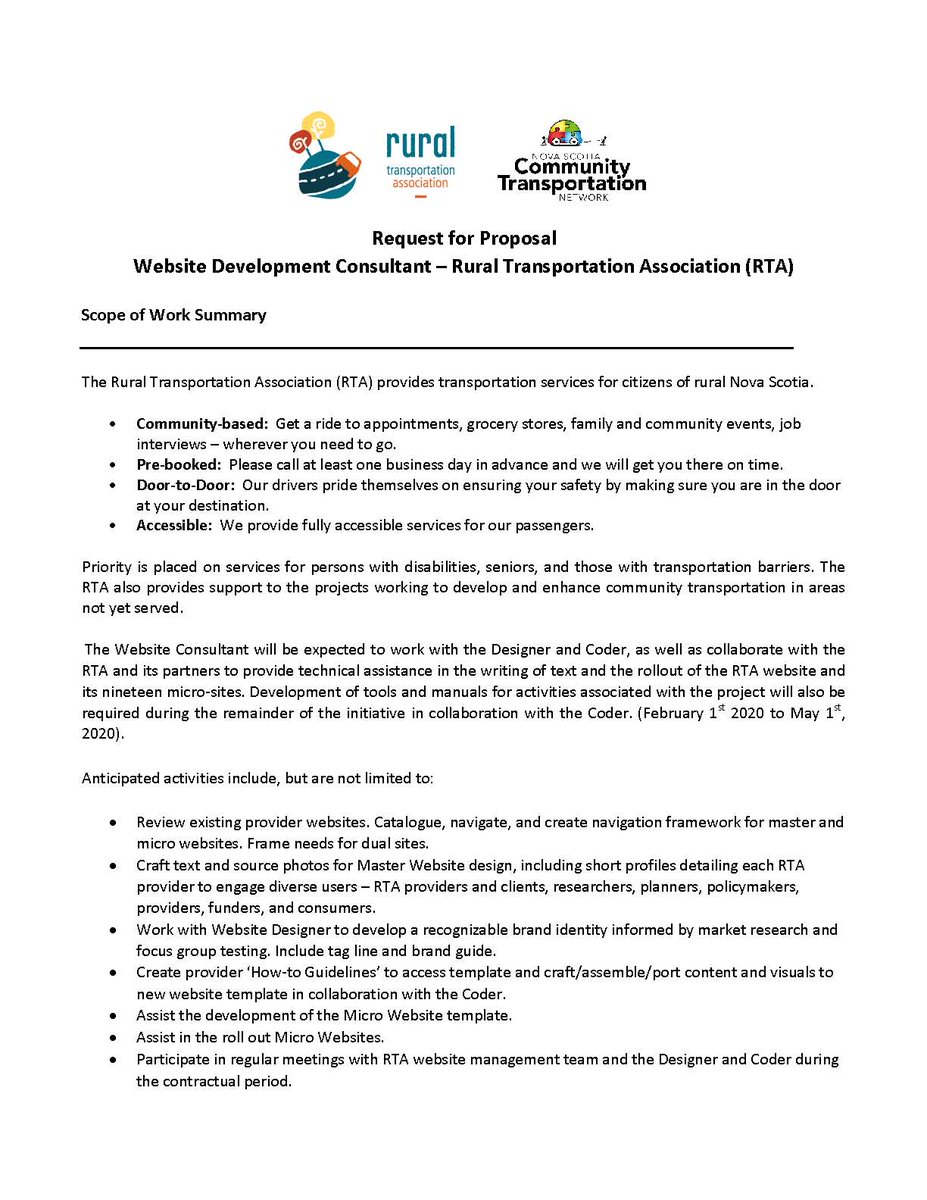 NSRoadWarrior's tweet photo. RFP: Rural Transportation Association (RTA) is seeking a Website Development Consultant. Please see the attached proposal for position details and contact info. #rfp #rta #websitedevelopment #communitytransportation https://t.co/w7FHLO7QPY