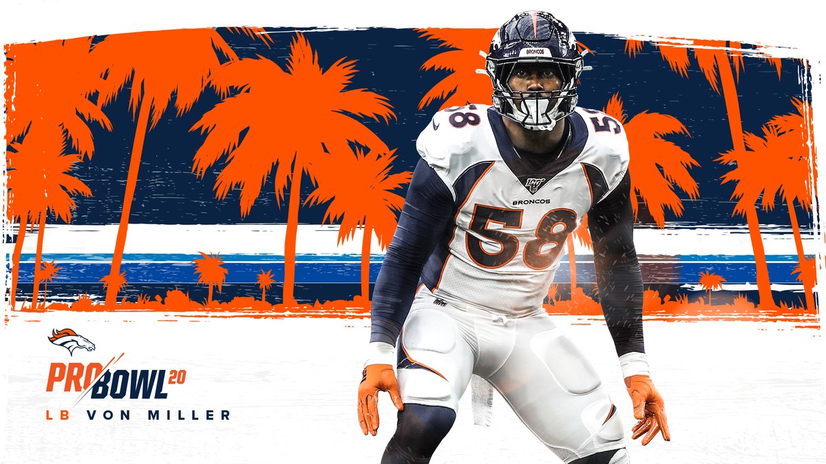 Broncos's tweet photo. For the eighth time in nine seasons, @VonMiller is headed to the #ProBowl!

RT to congratulate 5️⃣8️⃣ on being tied for the second-most selections in franchise history. https://t.co/0l122hvkLN
