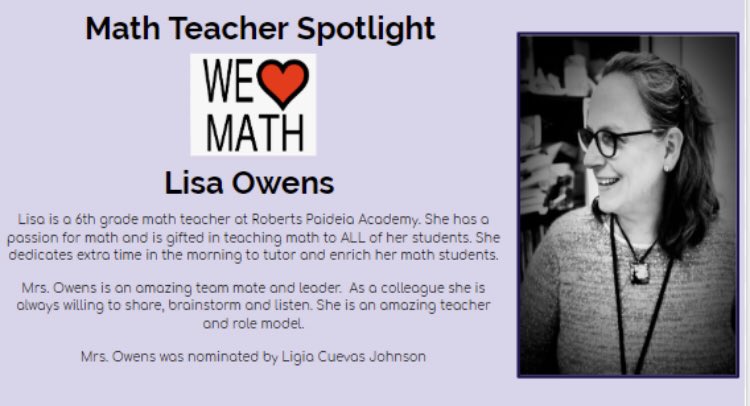 Congrats to Lisa Owens at Roberts Paideia Academy! Lisa was recognized by the Mathematics Curriculum Council in our Math Teacher Spotlight! #CPSCurriculumCounts, <a href="/IamCPS/">I Am CPS</a>, #CPSMathandMe