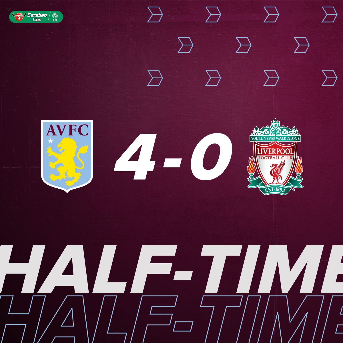 AVFCOfficial's tweet photo. 14': @ConorHourihane ⚽
17': @Elmo_27 ⚽
37': @J_Kodjia ⚽
45': @J_Kodjia ⚽

Villa hold a commanding lead at the break in this #CarabaoCup quarter-final.

#AVLLIV #AVFC https://t.co/qZXBT2DdLG
