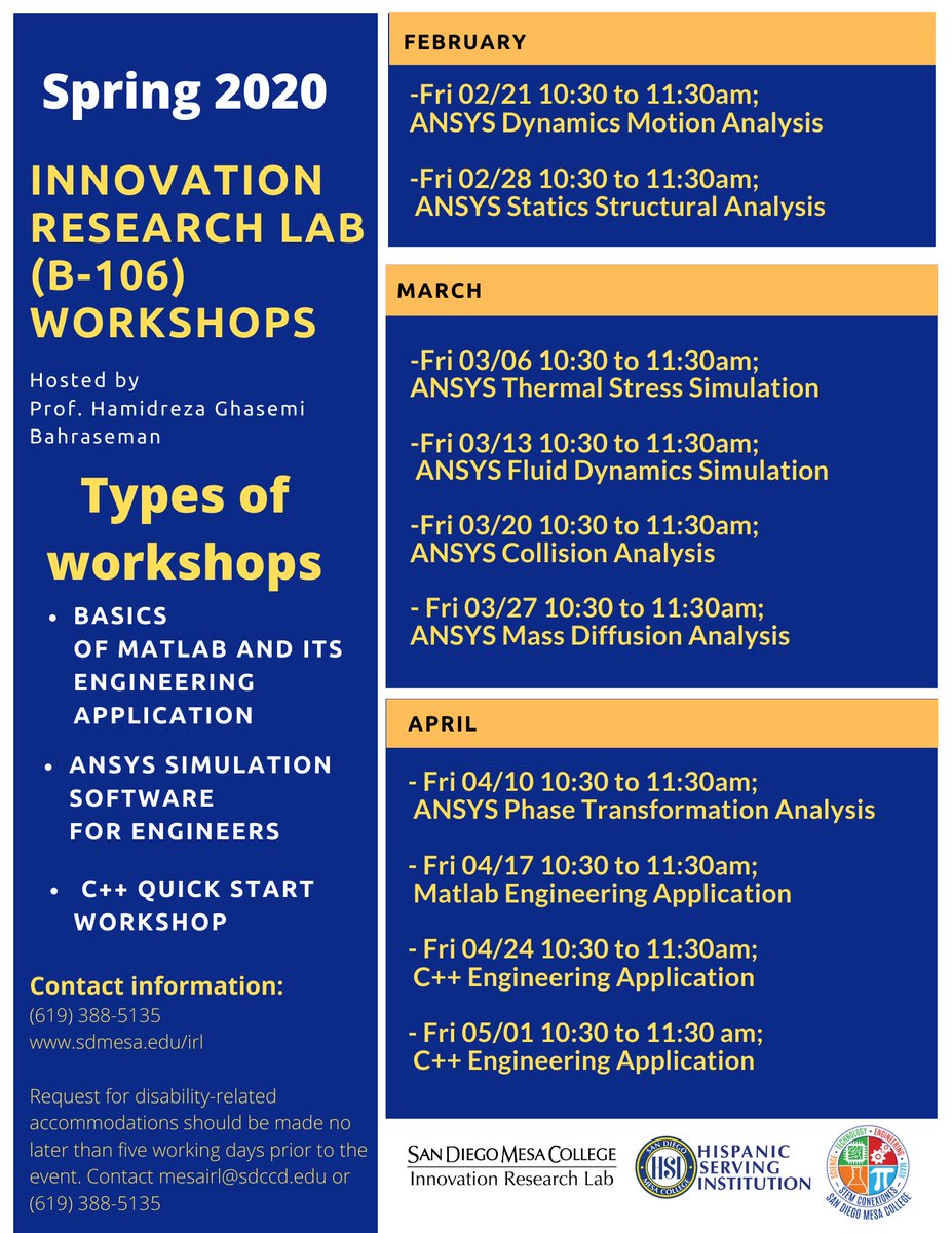 sdmesaSTEMConex's tweet photo. SPRING 2020 Engineering Workshops!
RSVP Today! Space is limited.
https://t.co/jUiVrHRB1y
Receive a certificate of completion after completing all 10 workshops! #STEMConex https://t.co/0KsxNR9ZzC