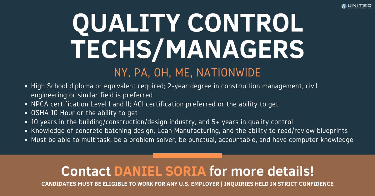 UEG_Jobs's tweet photo. SEEKING: Quality Control Techs and Managers across the U.S. (especially in NY, PA, OH, and ME). 

CONTACT Daniel Soria for more details: 
DSoria@unitedemploymentgroup.com | 610-400-8360

Candidates must be eligible to work for any US employer
Inquiries held in strict confidence https://t.co/IAaQHsbzbh