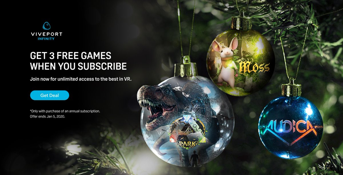 Viveport's tweet photo. Free games when you grab a 12 month Viveport #Infinity membership? Auld Lang Syne me up! 🥳🎉🍾

 Get the hit experiences @ARKParkOfficial, @PolyarcGames's Moss, and Audica from @Harmonix FREE TO KEEP for a limited time: https://t.co/sj6Pl8P7PJ https://t.co/yGsFWS7Vrk