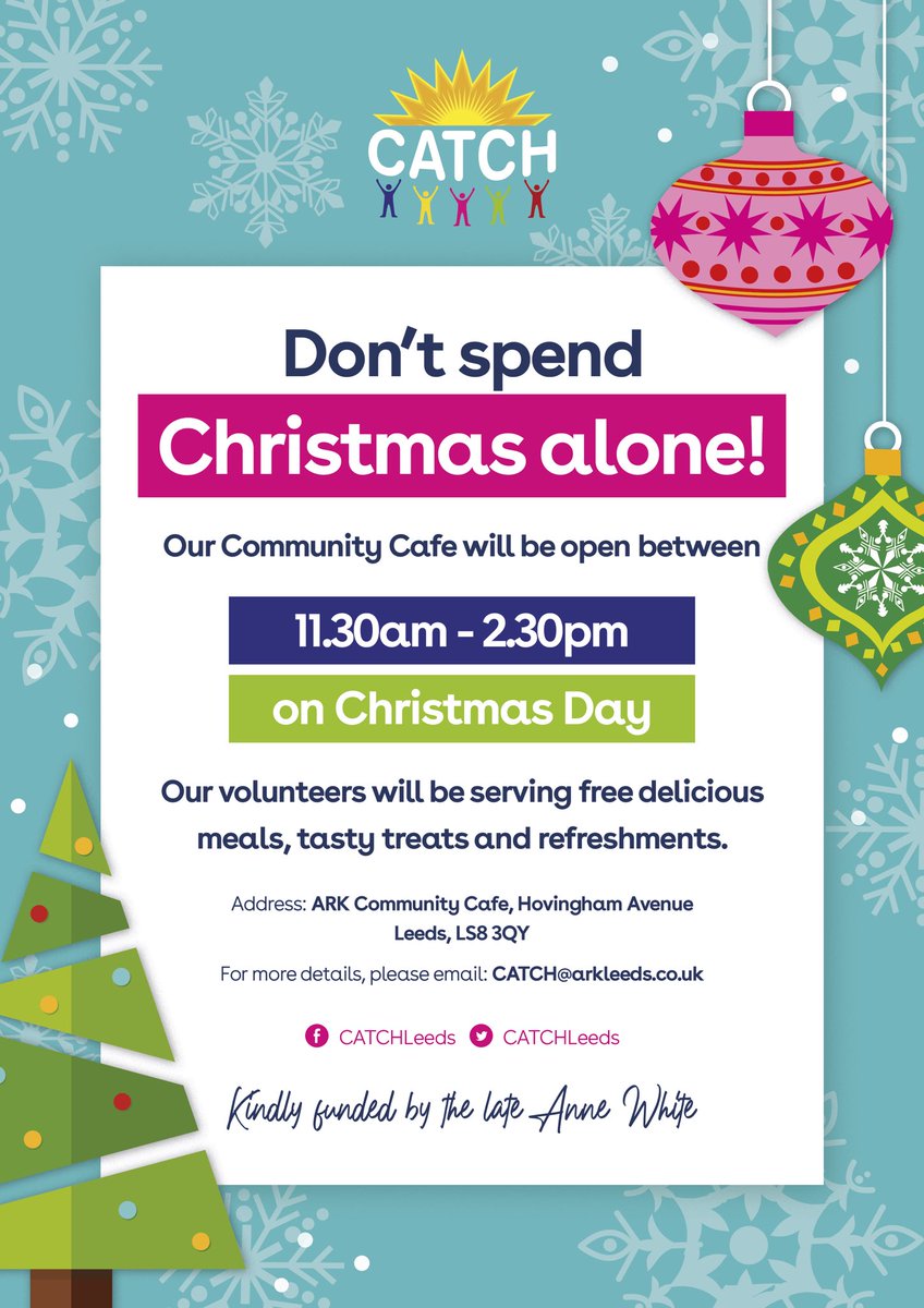 Don’t spend Christmas alone! Our Community Cafe will be open between 11.30am-2.30pm on #ChristmasDay. Our volunteers will be serving free delicious meals, tasty treats & refreshments. #PleaseShare @Child_Leeds @harehills111 @LeedsCommFound @DAZL_Leeds @HovinghamTweet @ShineLeeds