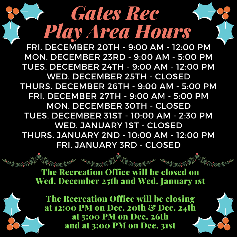 With the holiday quickly approaching here is a look at our updated hours for the next few weeks.  Please note the days we are closed and the days we are opened for limited hours due to the building closing early or programs in the Rec Center.
#gatesrec #gatesrecreation