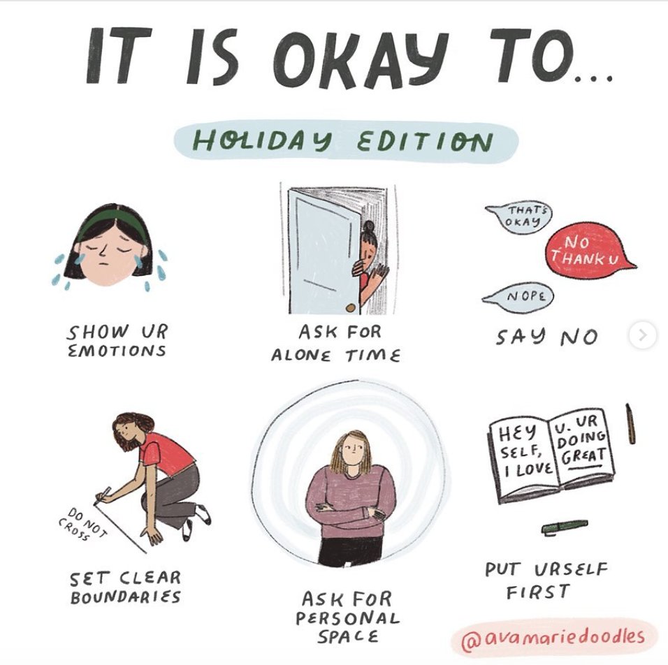 NAMICommunicate's tweet photo. The holiday season is in full swing – which can mean increased stress and anxiety for many. Don’t forget it’s okay to set boundaries and take the time you need! Via @ avamariedoodles https://t.co/ot4Ca0Lp1m
