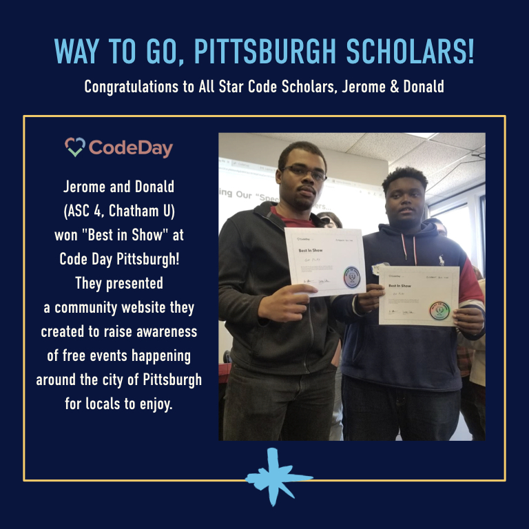 AllStarCode's tweet photo. Congratulations to our Pittsburgh Scholars on winning "Best in Show" at Code Day Pittsburgh! Apply now for our 2020 programs! https://t.co/R1NQ81dWhZ #darewithus #allstarcode https://t.co/BvZOFkV5Vj